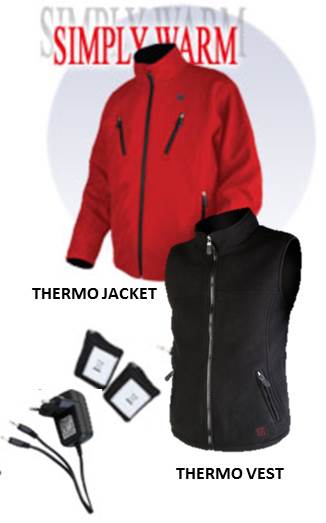 Rote Thermo Jacket und Thermo Vest mit einem Ladegerät und den beiden dazu gehörigen Akkus.